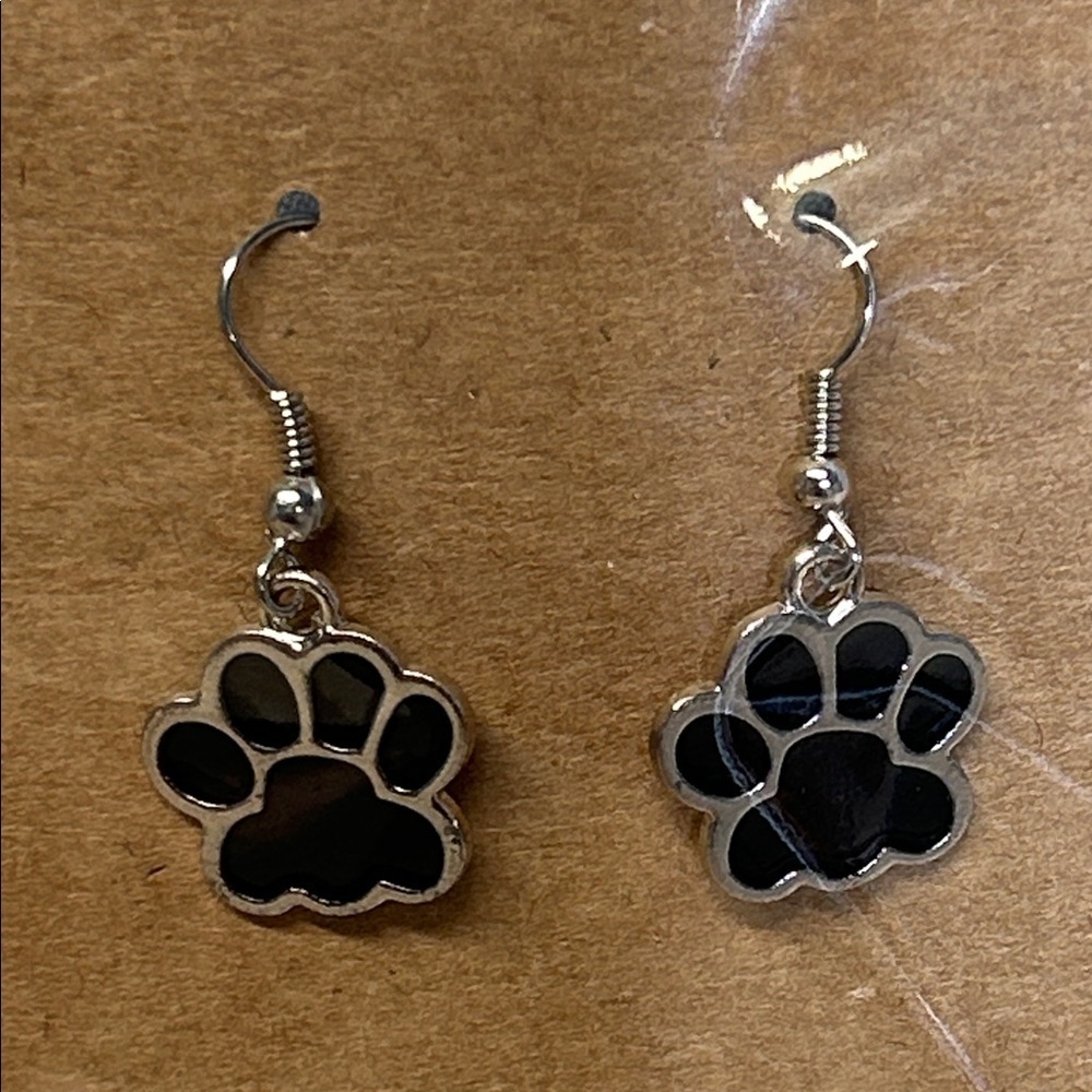 Silver and Black Paw Print dangle Earrings